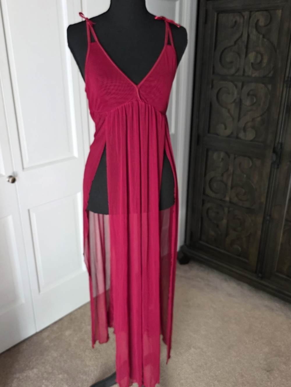 Red Sheer Mesh Babydoll Dress Large Tie Strap Slip Lingerie Nightgown Goth